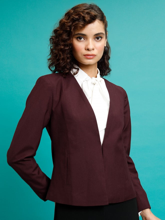 Tokyo Talkies Women Maroon Single-Breasted Blazer - Maroon - Image 6