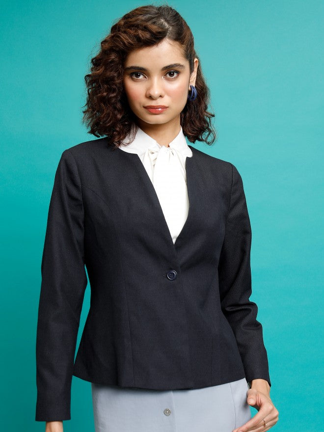 Tokyo Talkies Women Navy Blue Single-Breasted Blazer - Navy Blue - Image 1