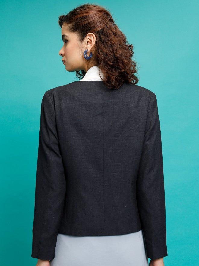 Tokyo Talkies Women Navy Blue Single-Breasted Blazer - Navy Blue - Image 3