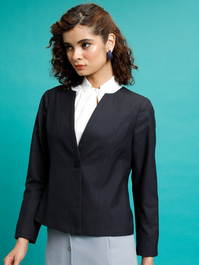 Tokyo Talkies Women Navy Blue Single-Breasted Blazer - Navy Blue - Image 4