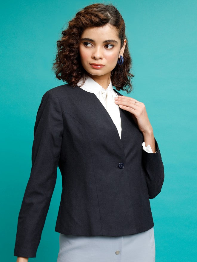 Tokyo Talkies Women Navy Blue Single-Breasted Blazer - Navy Blue - Image 6