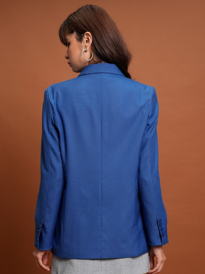 Tokyo Talkies Women Blue Double-Breasted Blazer - Blue - Image 3
