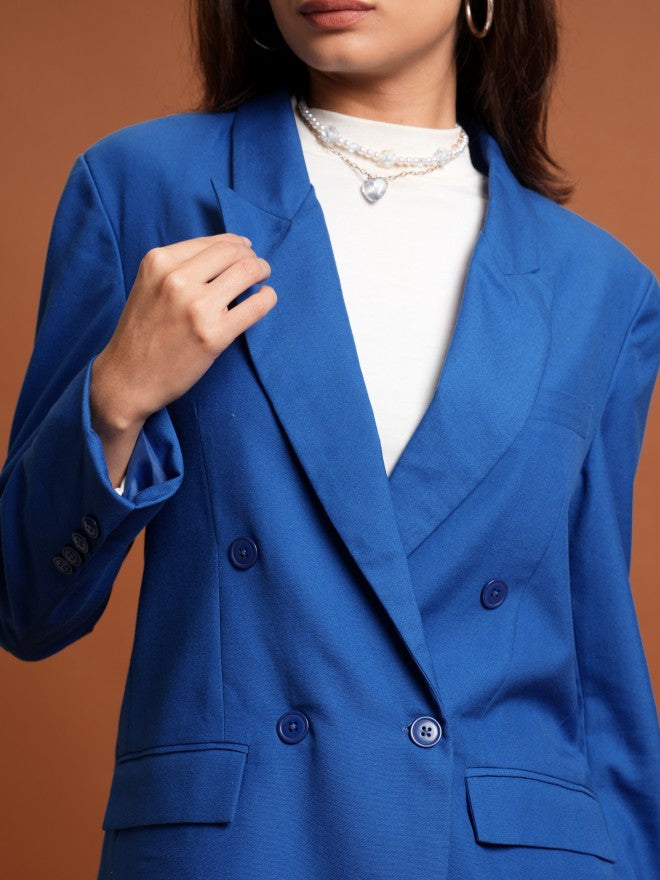 Tokyo Talkies Women Blue Double-Breasted Blazer - Blue - Image 5