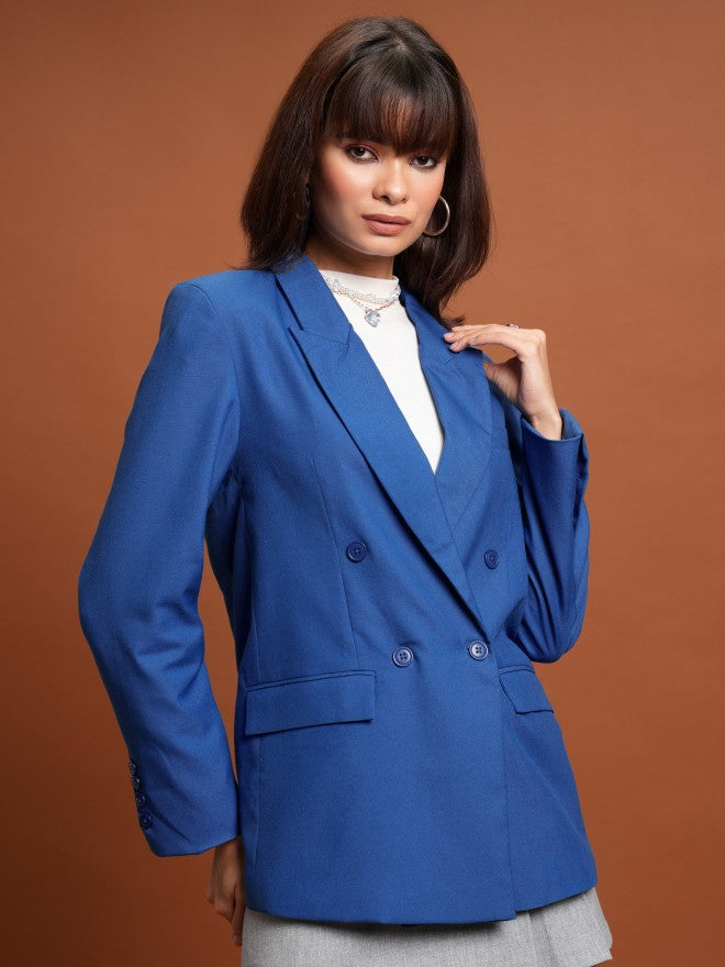 Tokyo Talkies Women Blue Double-Breasted Blazer - Blue - Image 6