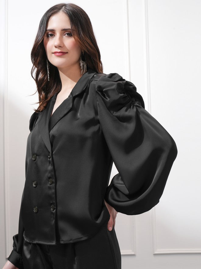Tokyo Talkies Women Black Double-Breasted Blazer - Black - Image 4