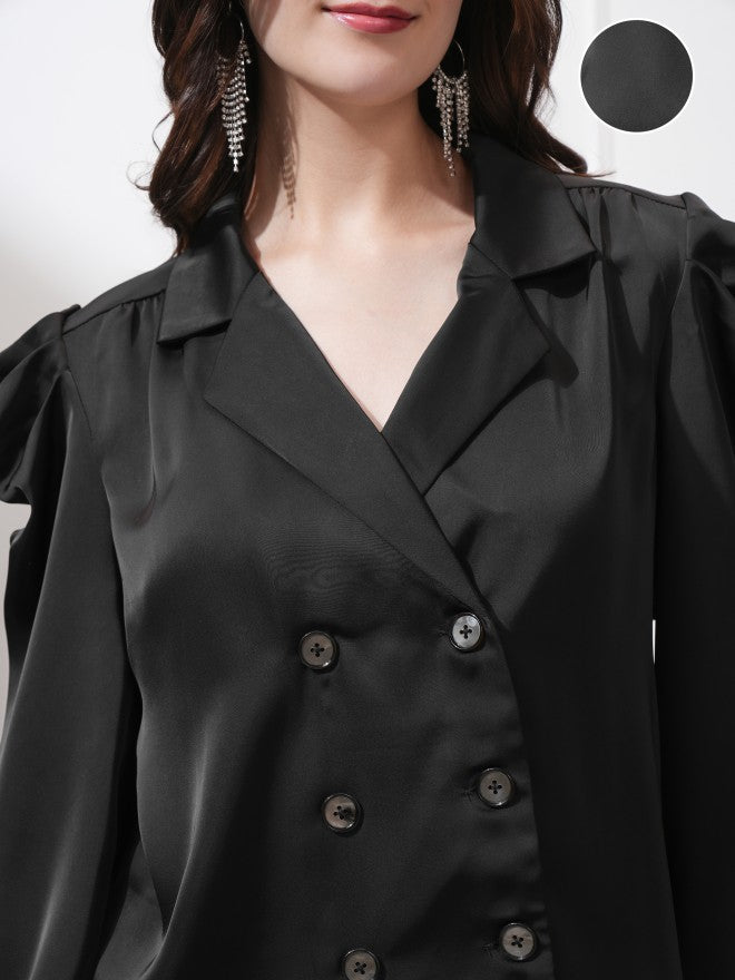Tokyo Talkies Women Black Double-Breasted Blazer - Black - Image 5