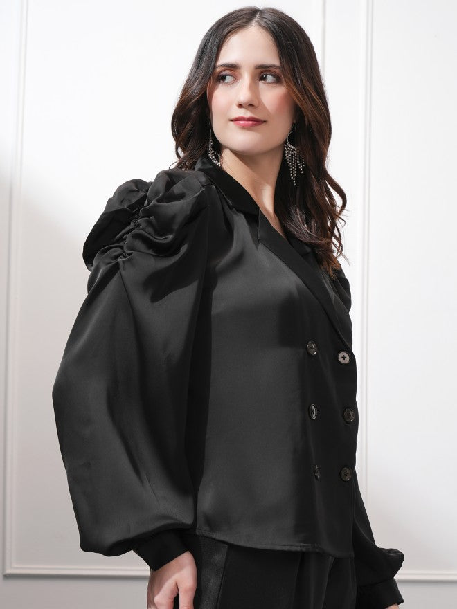 Tokyo Talkies Women Black Double-Breasted Blazer - Black - Image 6