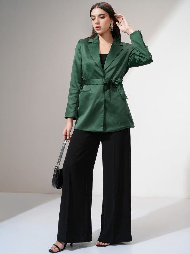 Tokyo Talkies Women Green Single-Breasted Blazer - Green - Image 2