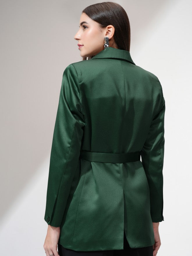 Tokyo Talkies Women Green Single-Breasted Blazer - Green - Image 3