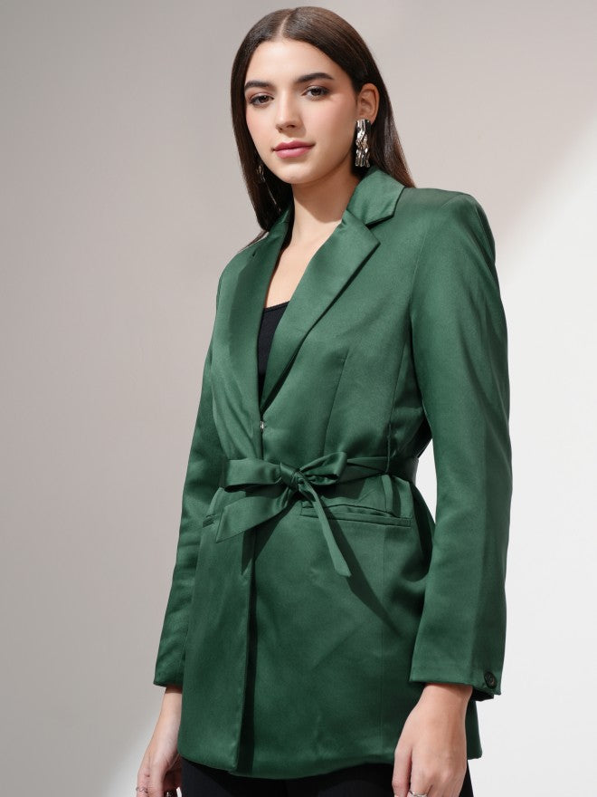 Tokyo Talkies Women Green Single-Breasted Blazer - Green - Image 4
