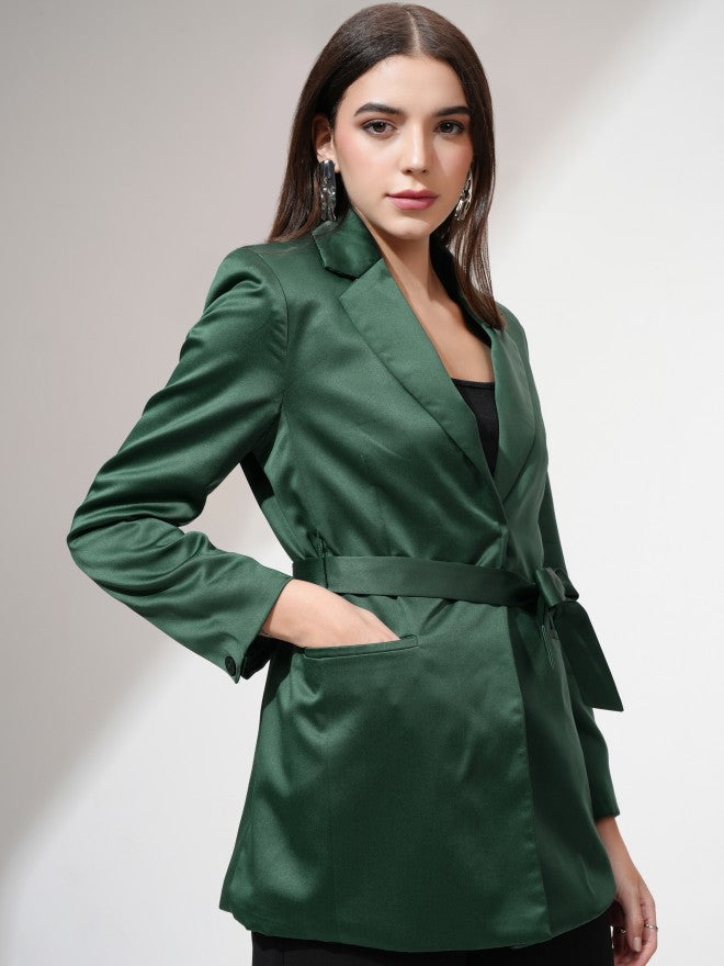 Tokyo Talkies Women Green Single-Breasted Blazer - Green - Image 6