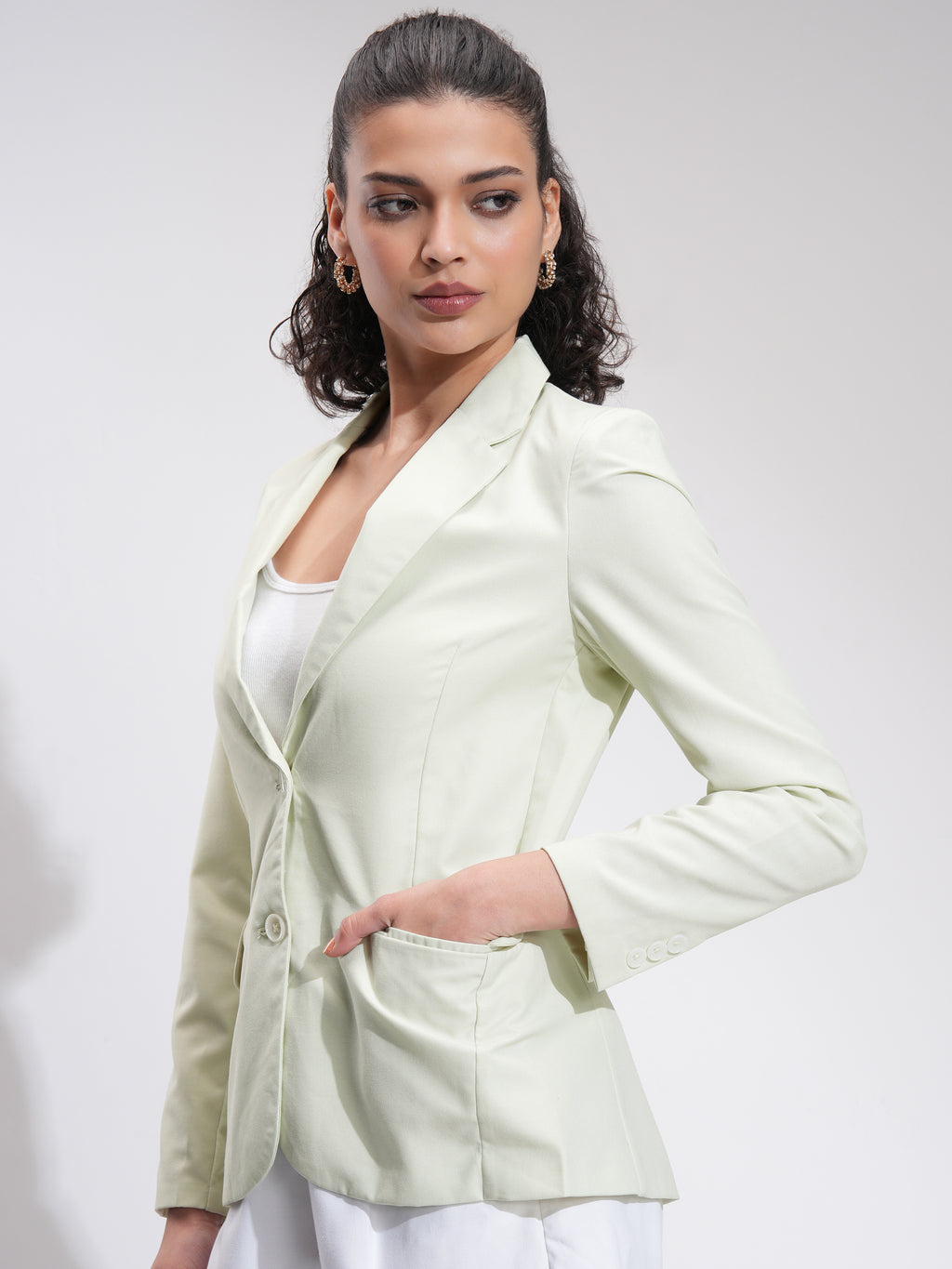 Tokyo Talkies Women Green Single-Breasted Blazer - Green - Image 4