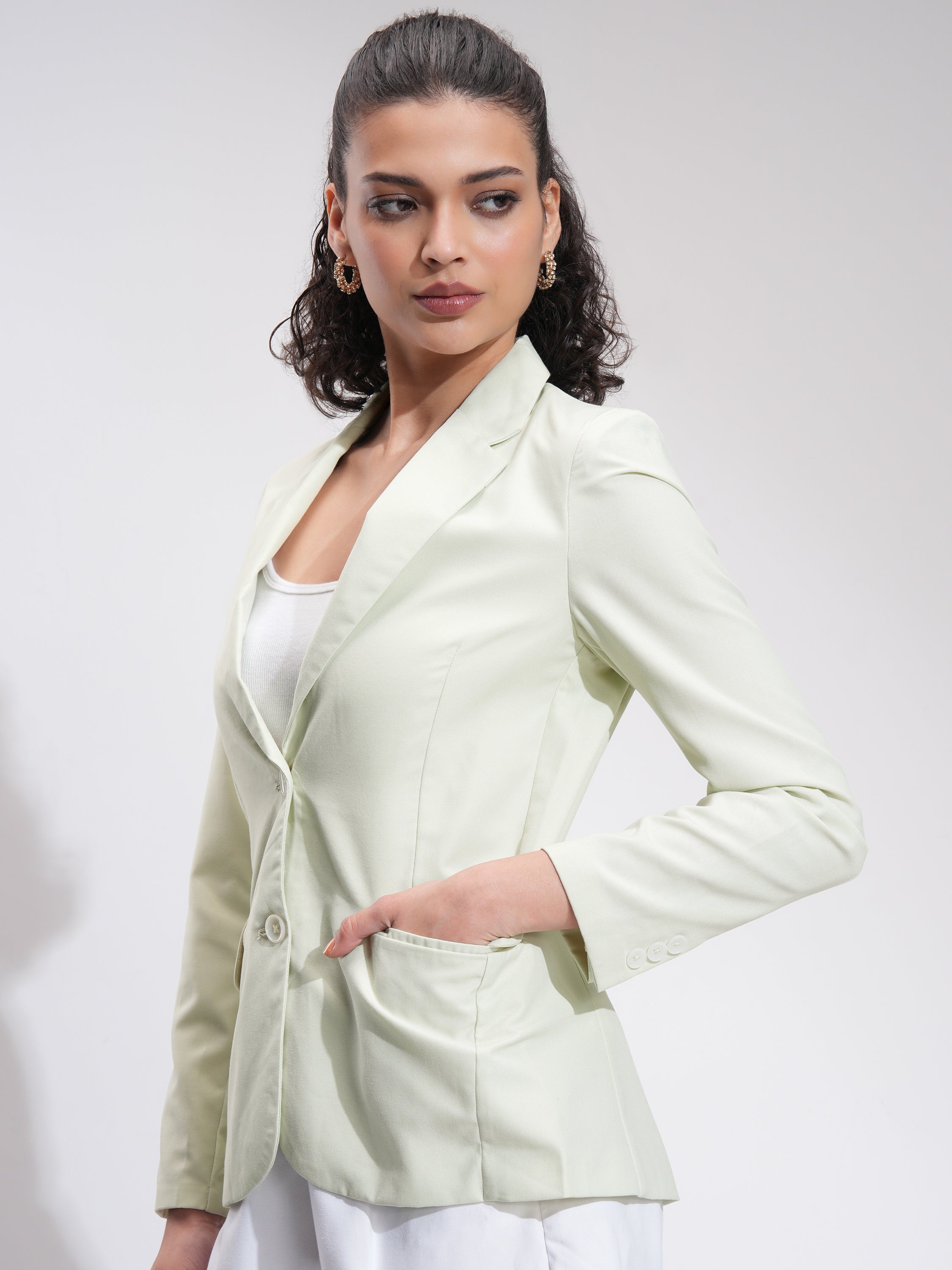Tokyo Talkies Women Green Single-Breasted Blazer - Green - Image 4