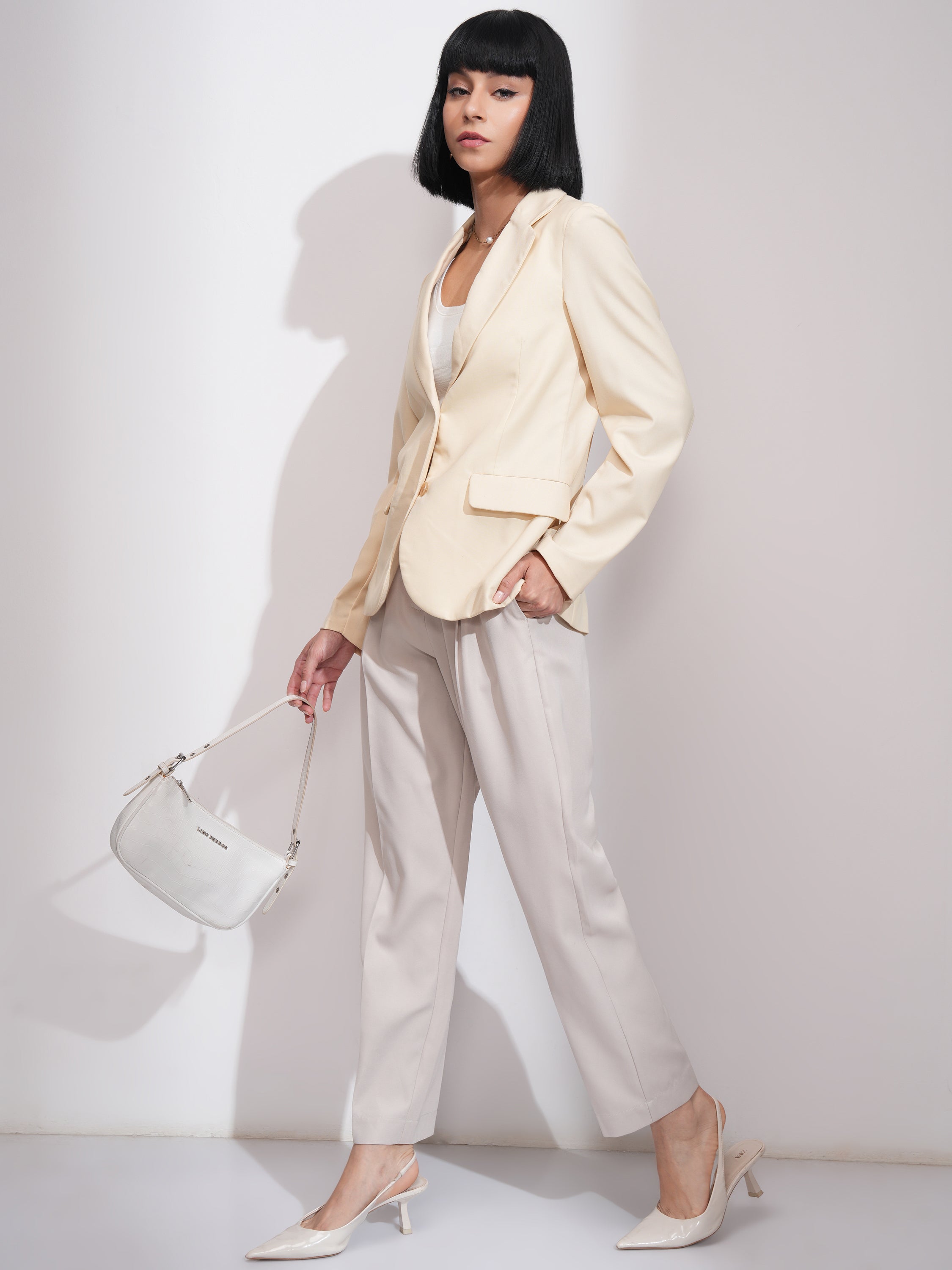 Tokyo Talkies Women Beige Single-Breasted Blazer - Beige - Image 2