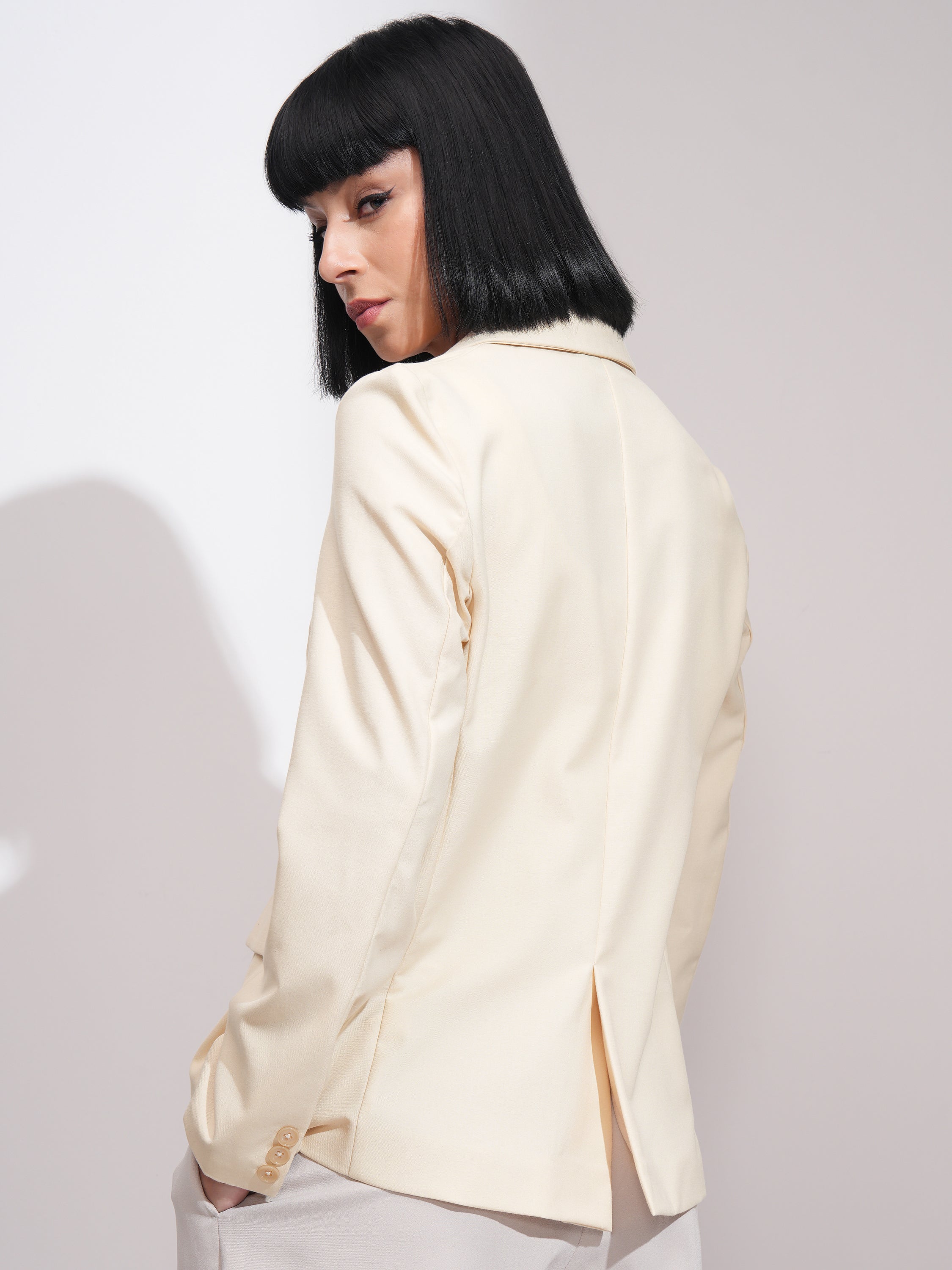 Tokyo Talkies Women Beige Single-Breasted Blazer - Beige - Image 3