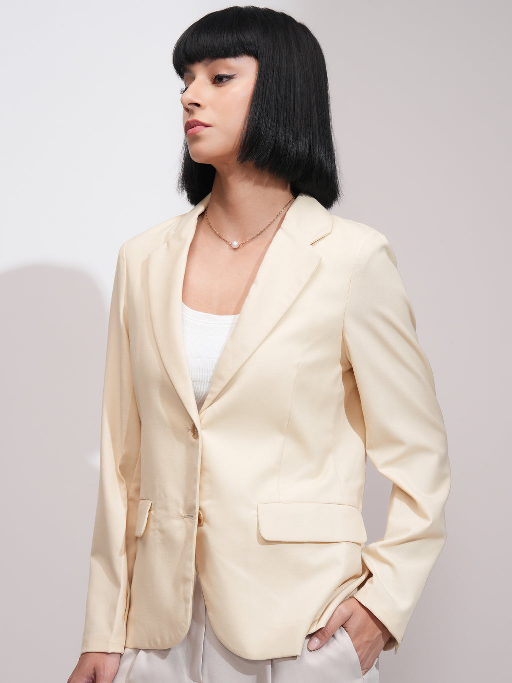 Tokyo Talkies Women Beige Single-Breasted Blazer - Beige - Image 4