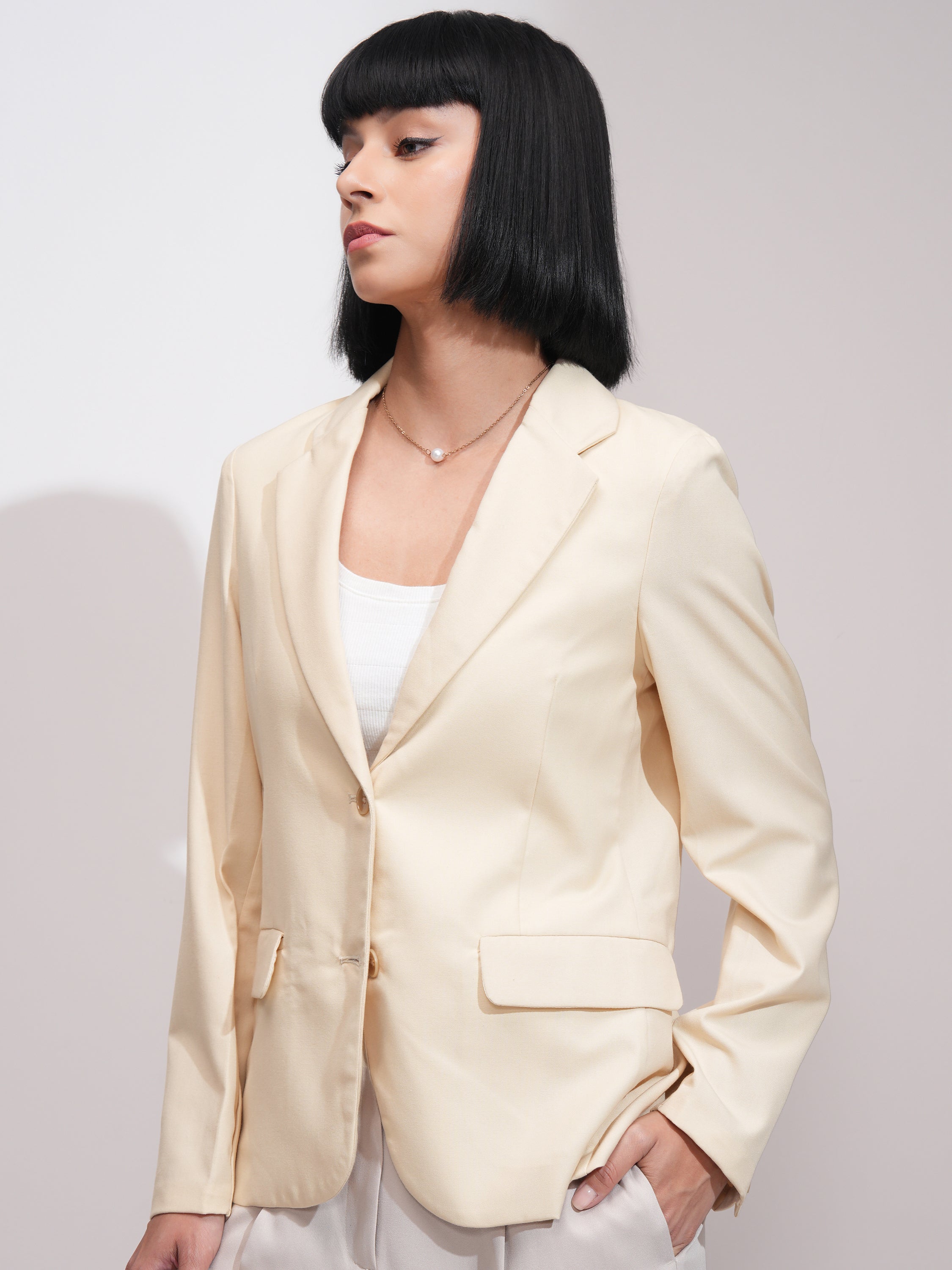 Tokyo Talkies Women Beige Single-Breasted Blazer - Beige - Image 4