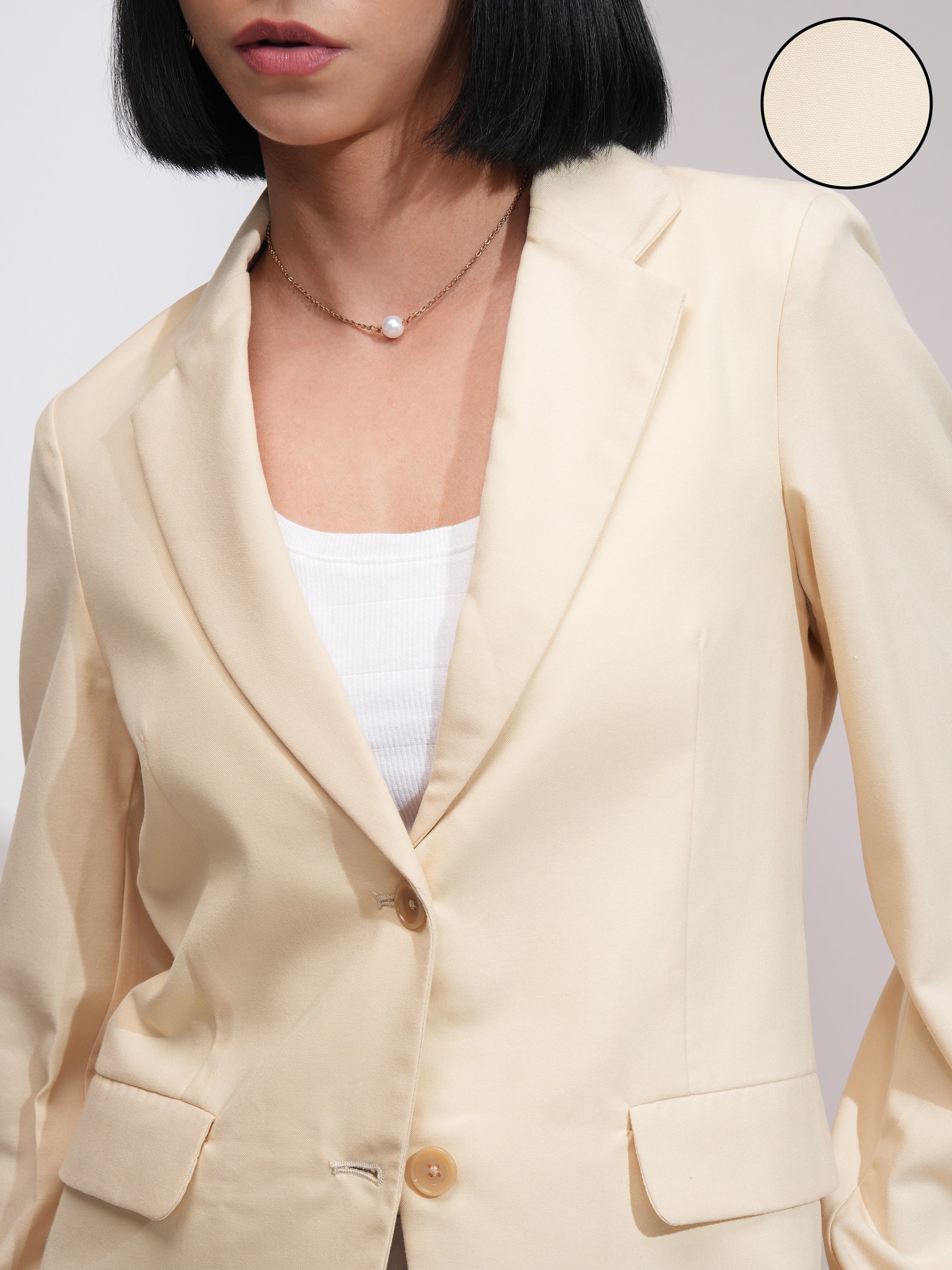 Tokyo Talkies Women Beige Single-Breasted Blazer - Beige - Image 5