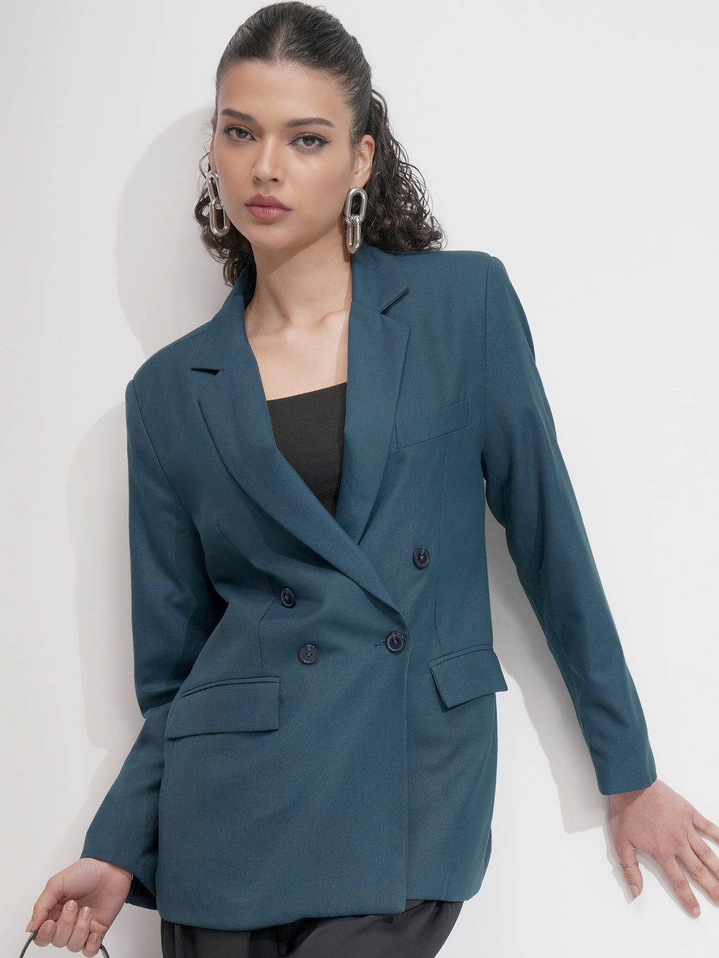 Tokyo Talkies Women Blue Double-Breasted Blazer - Blue - Image 1