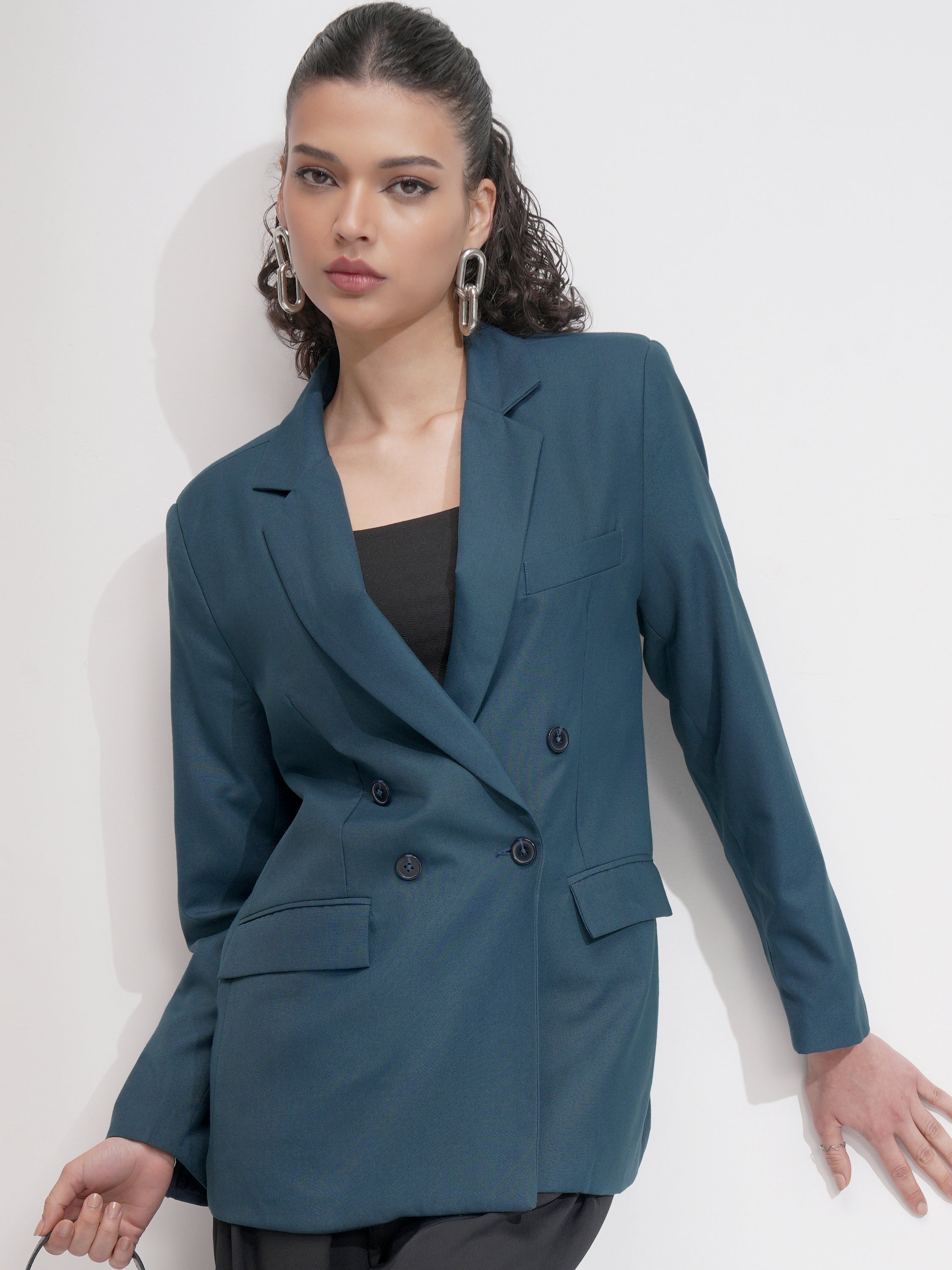 Tokyo Talkies Women Blue Double-Breasted Blazer - Blue - Image 1