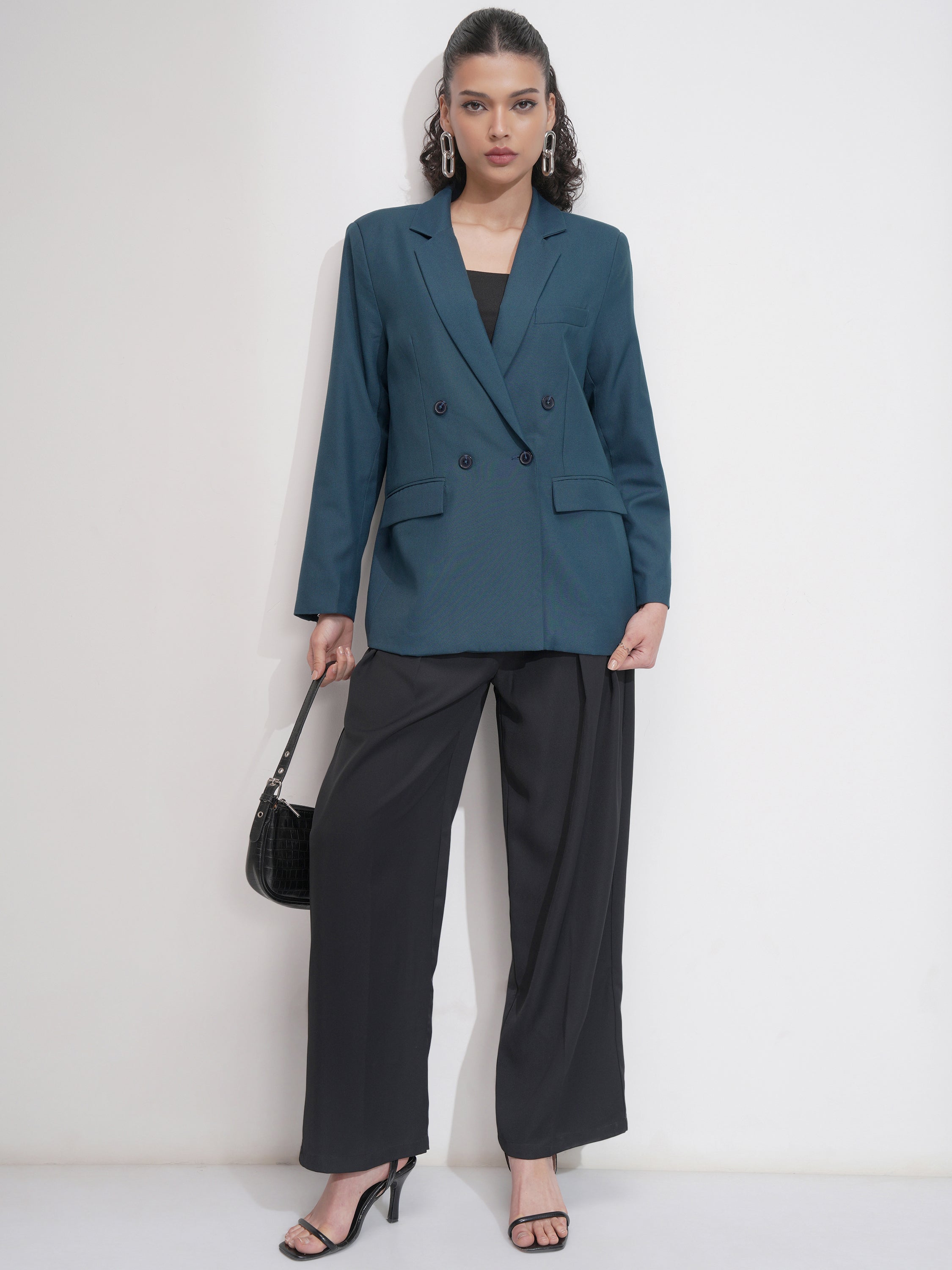 Tokyo Talkies Women Blue Double-Breasted Blazer - Blue - Image 2