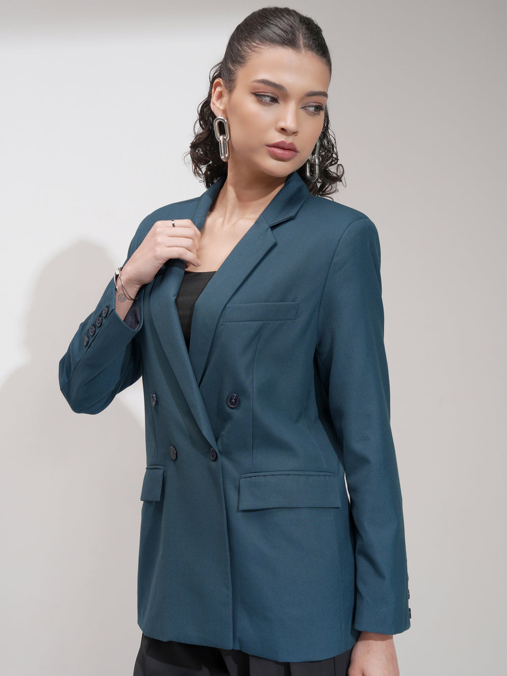 Tokyo Talkies Women Blue Double-Breasted Blazer - Blue - Image 4