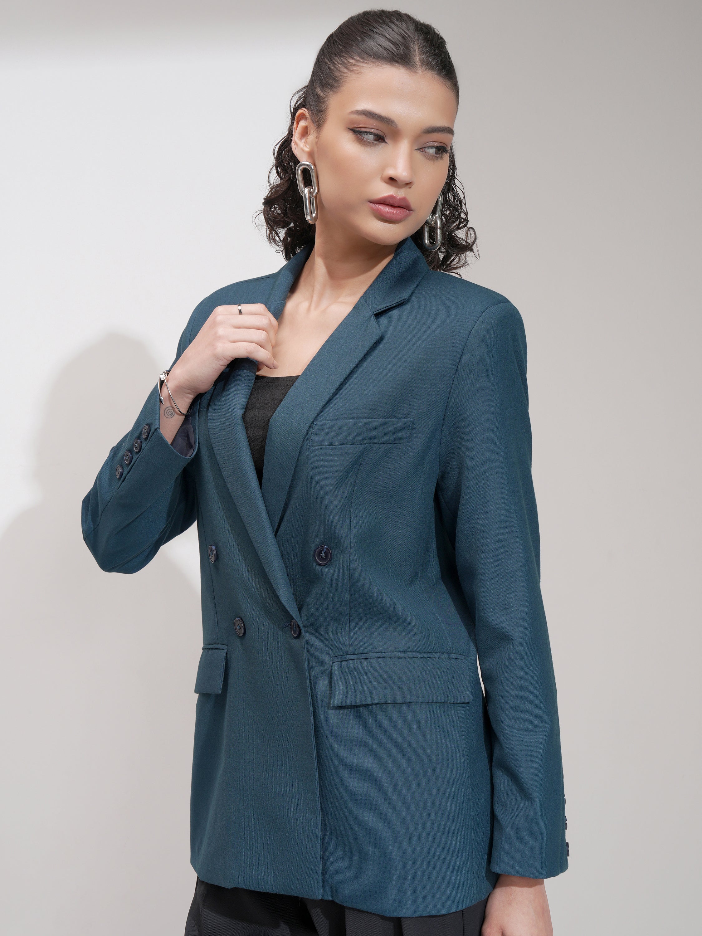 Tokyo Talkies Women Blue Double-Breasted Blazer - Blue - Image 4