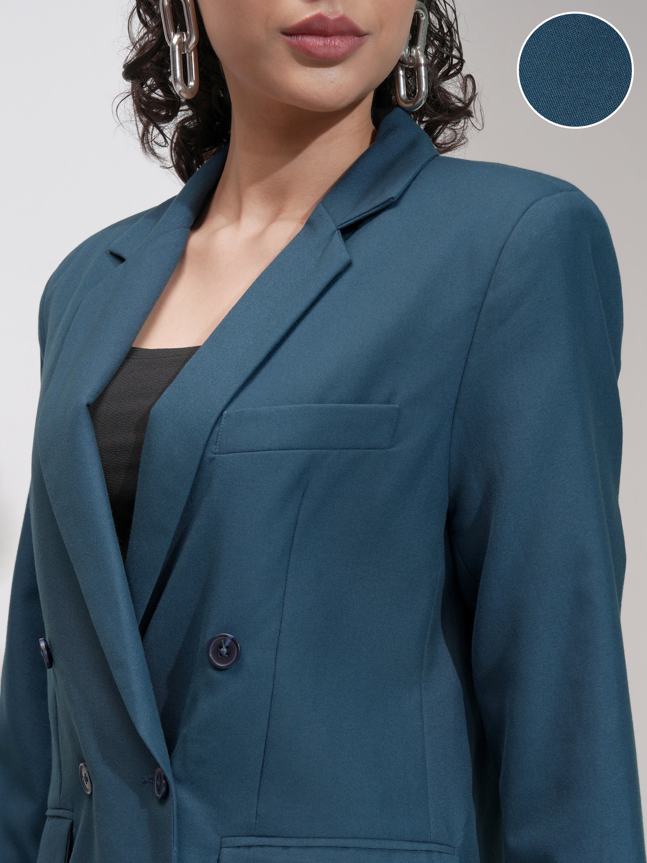 Tokyo Talkies Women Blue Double-Breasted Blazer - Blue - Image 5