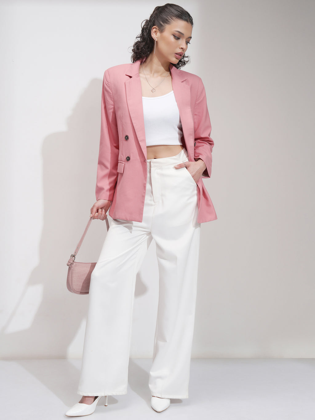 Tokyo Talkies Women Pink Double-Breasted Blazer - Pink - Image 2
