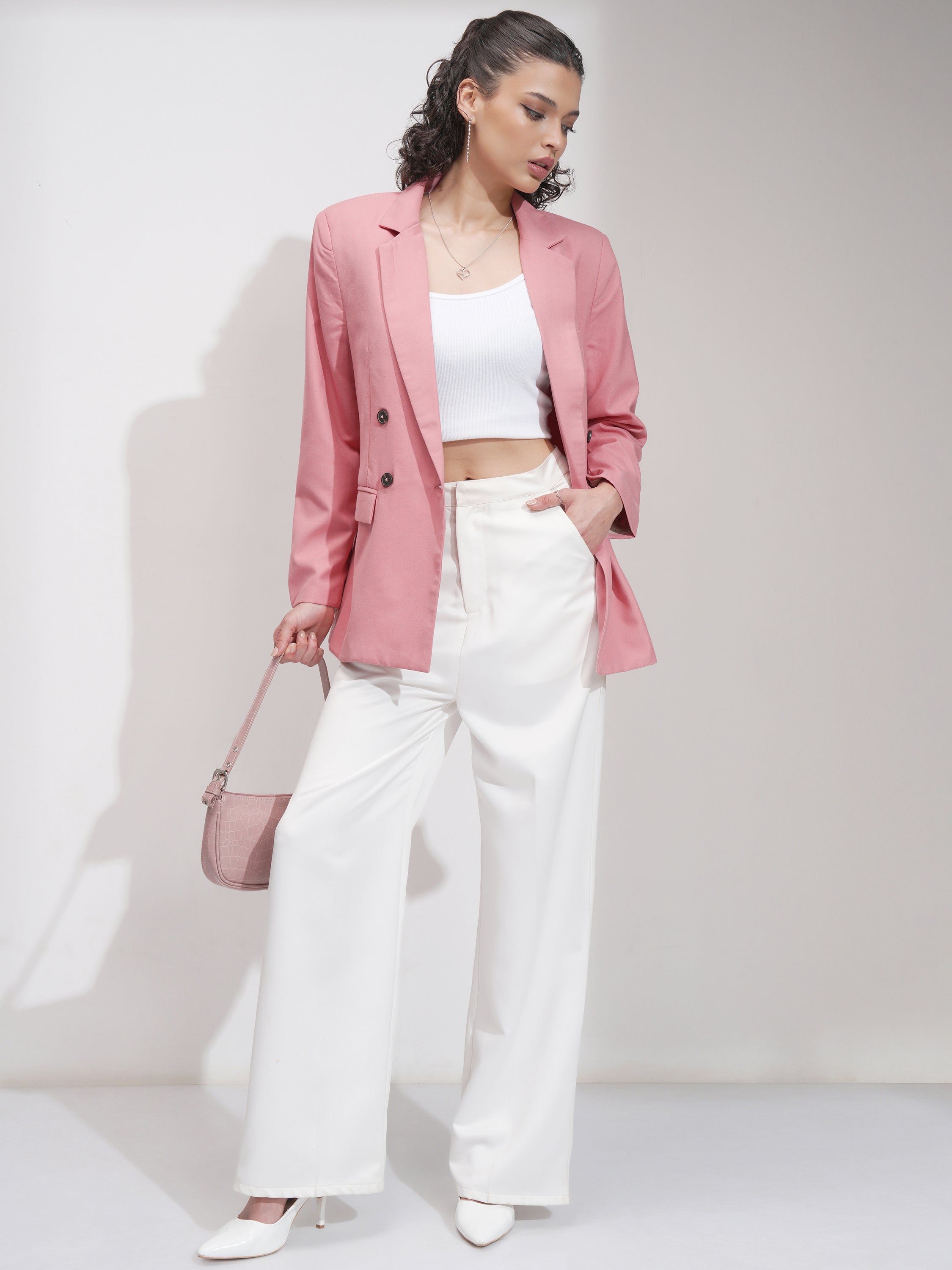 Tokyo Talkies Women Pink Double-Breasted Blazer - Pink - Image 2