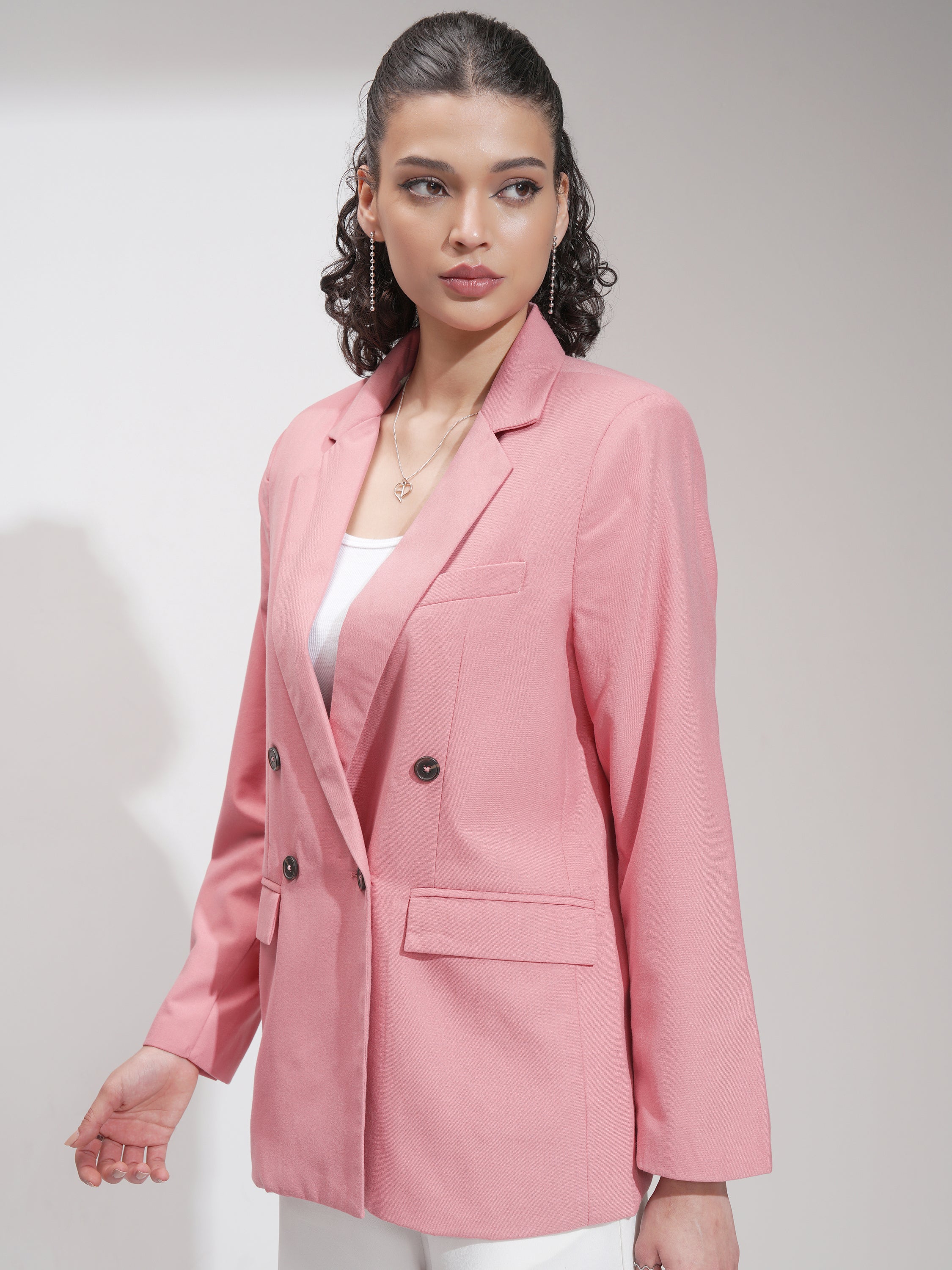 Tokyo Talkies Women Pink Double-Breasted Blazer - Pink - Image 4