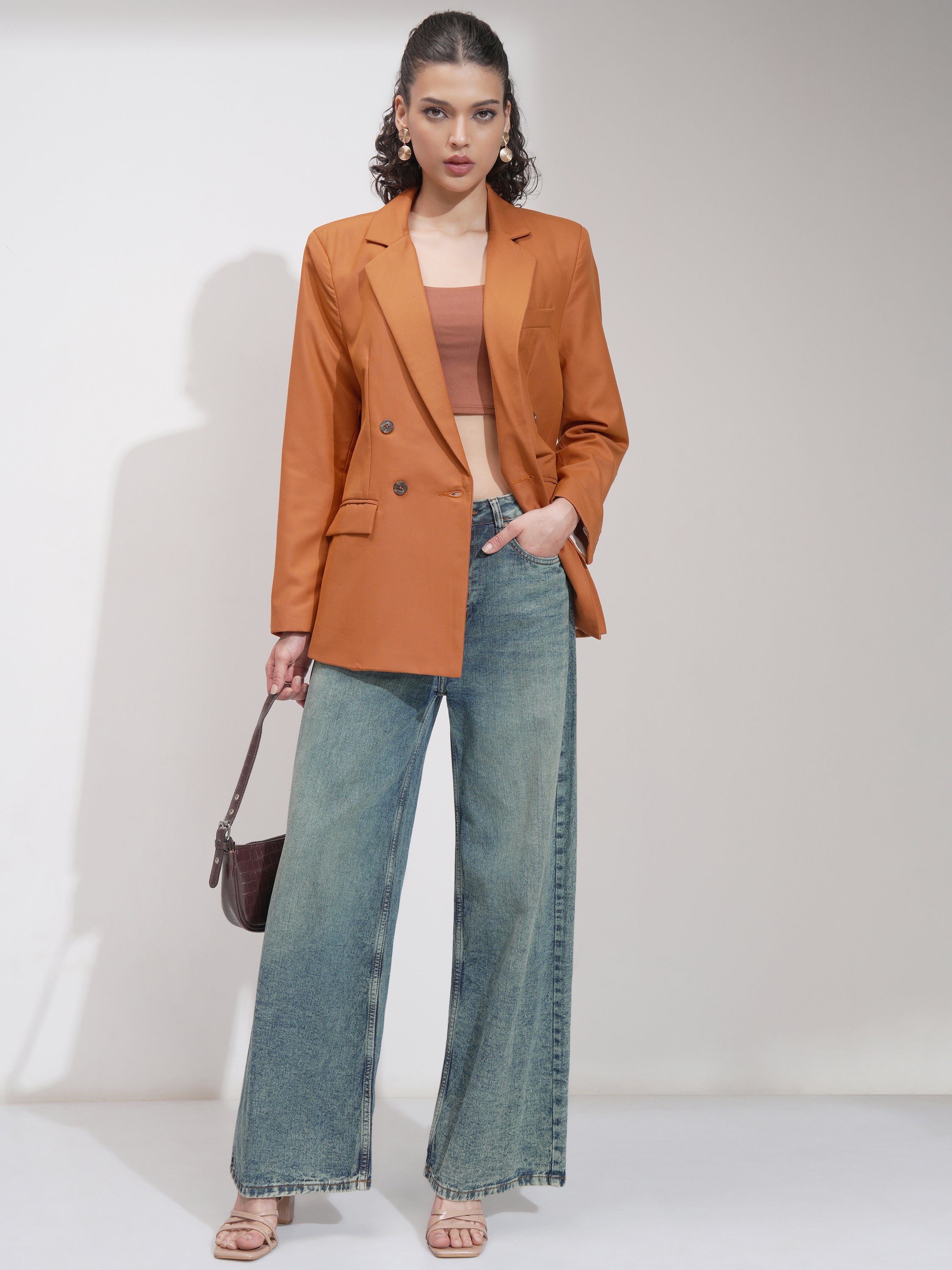 Tokyo Talkies Women Rust Double-Breasted Blazer - Rust - Image 2