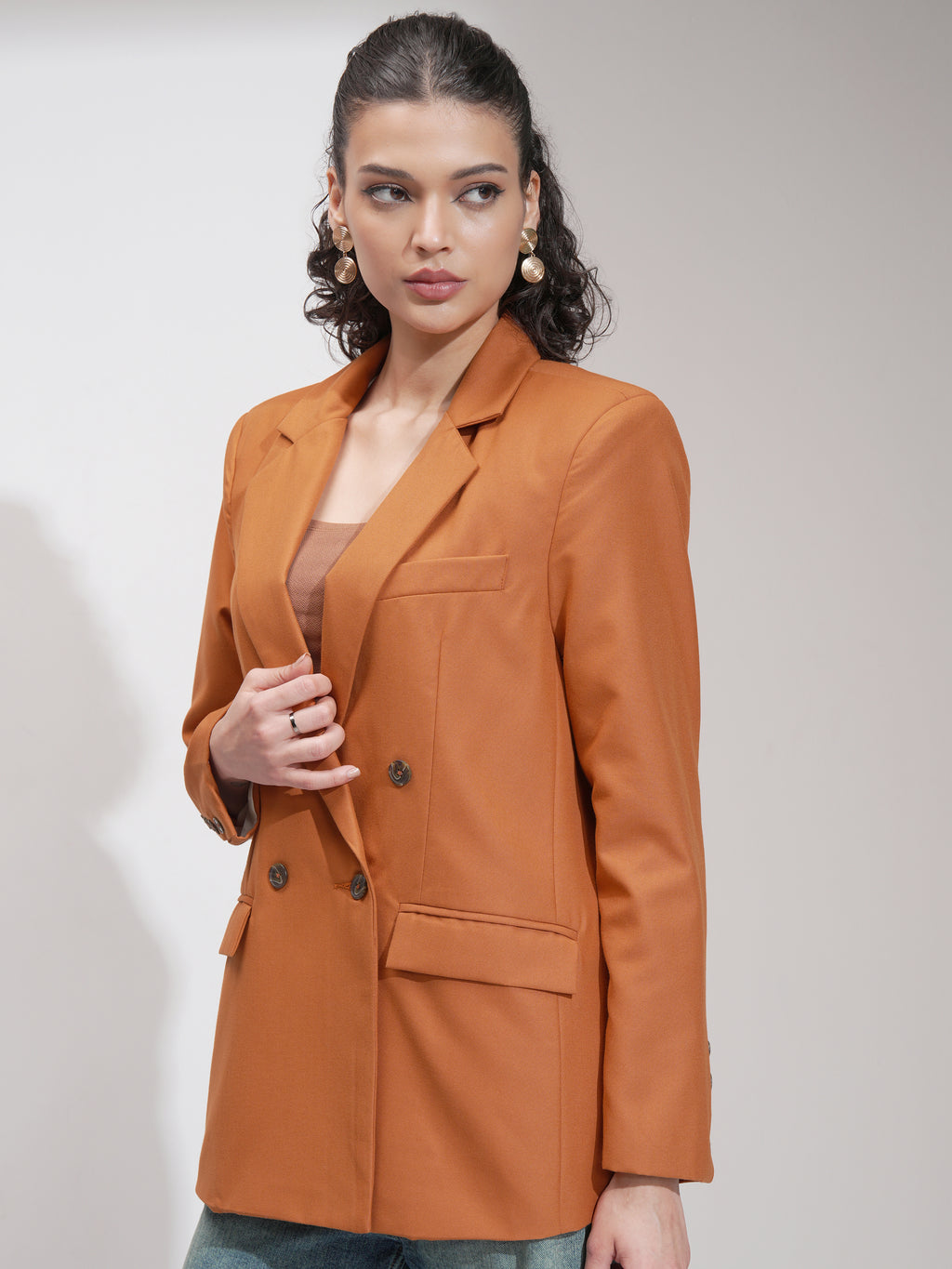 Tokyo Talkies Women Rust Double-Breasted Blazer - Rust - Image 4