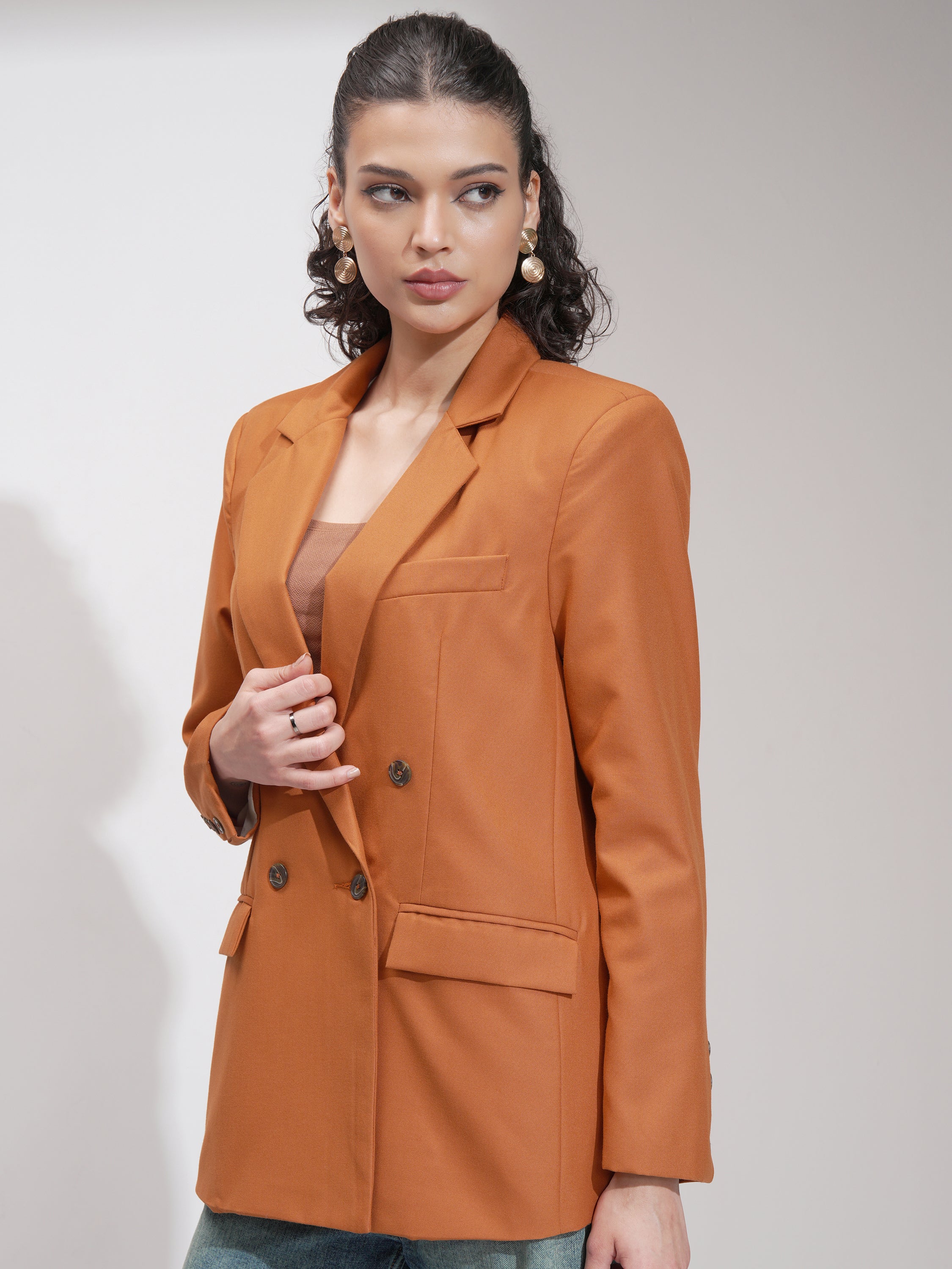 Tokyo Talkies Women Rust Double-Breasted Blazer - Rust - Image 4