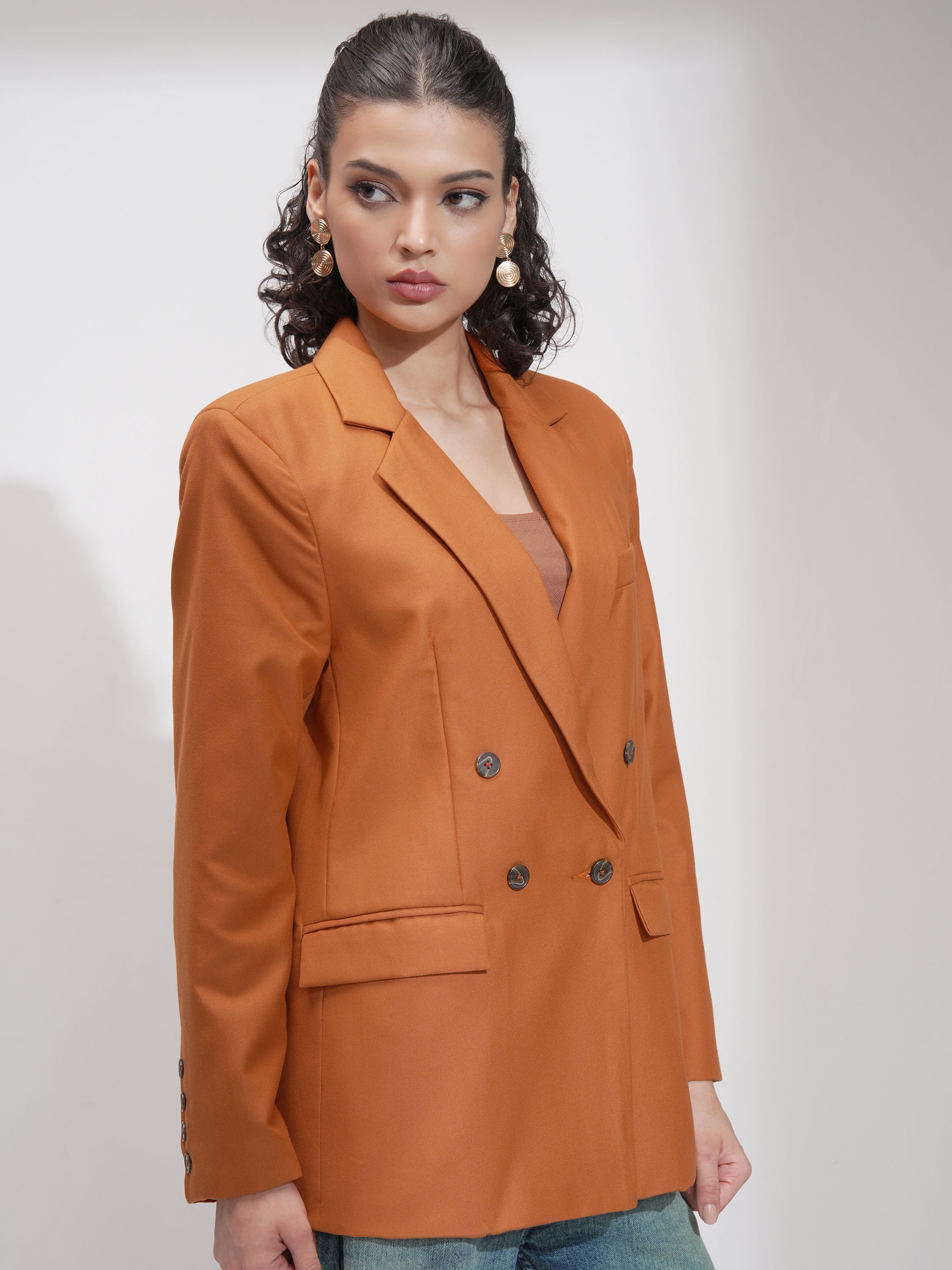 Tokyo Talkies Women Rust Double-Breasted Blazer - Rust - Image 6