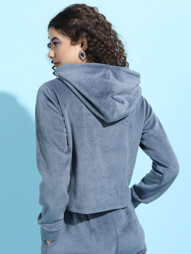 Tokyo Talkies Women Blue Solid Pullover Hood Sweatshirt - Blue - Image 3