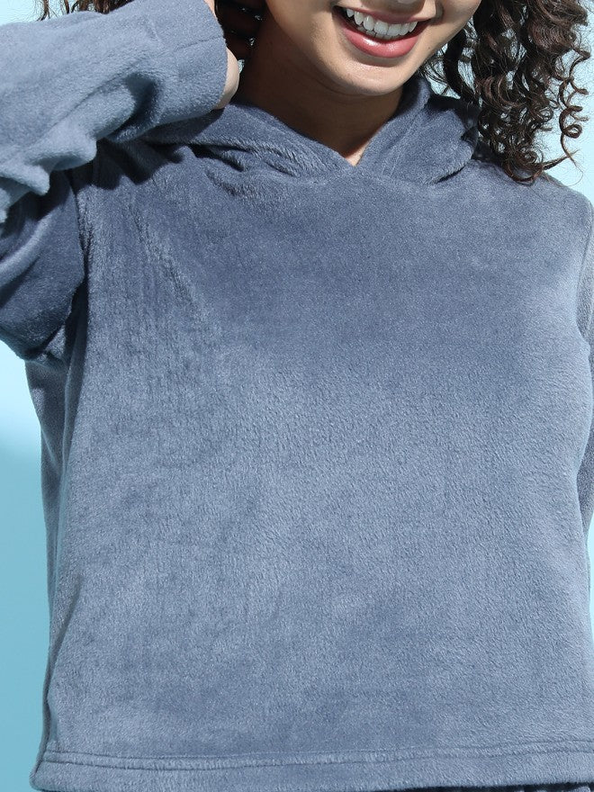 Tokyo Talkies Women Blue Solid Pullover Hood Sweatshirt - Blue - Image 4