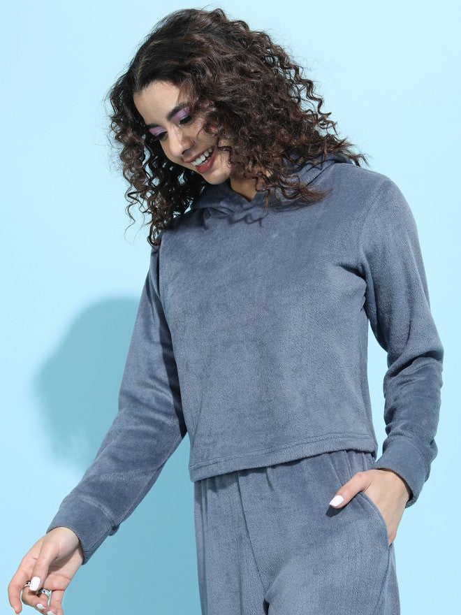Tokyo Talkies Women Blue Solid Pullover Hood Sweatshirt - Blue - Image 5