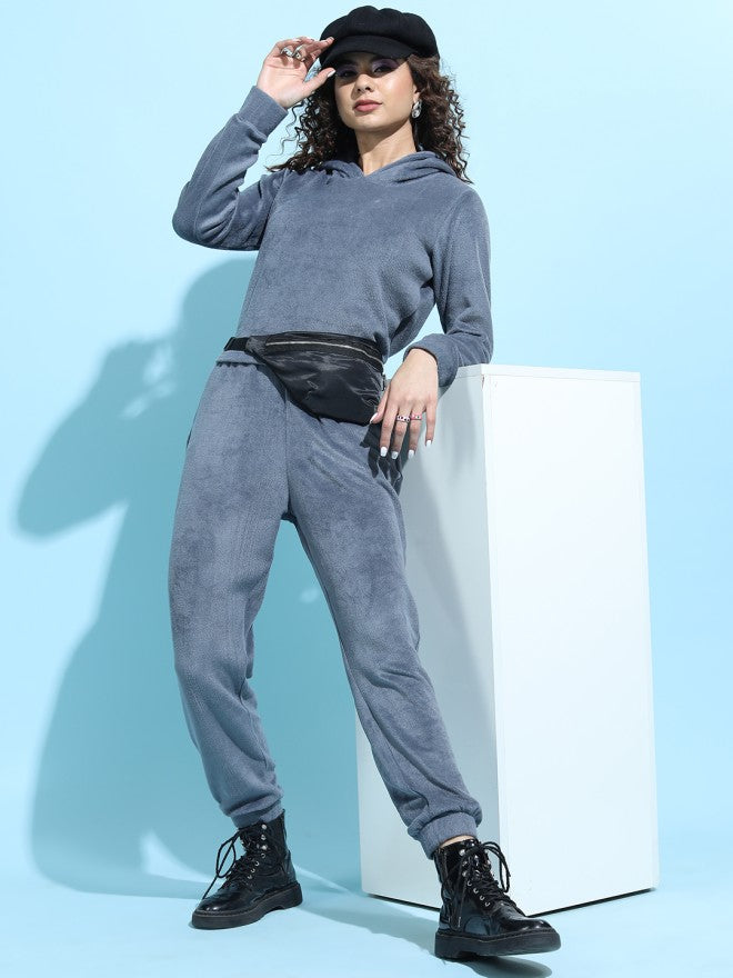 Tokyo Talkies Women Blue Solid Pullover Hood Sweatshirt - Blue - Image 7