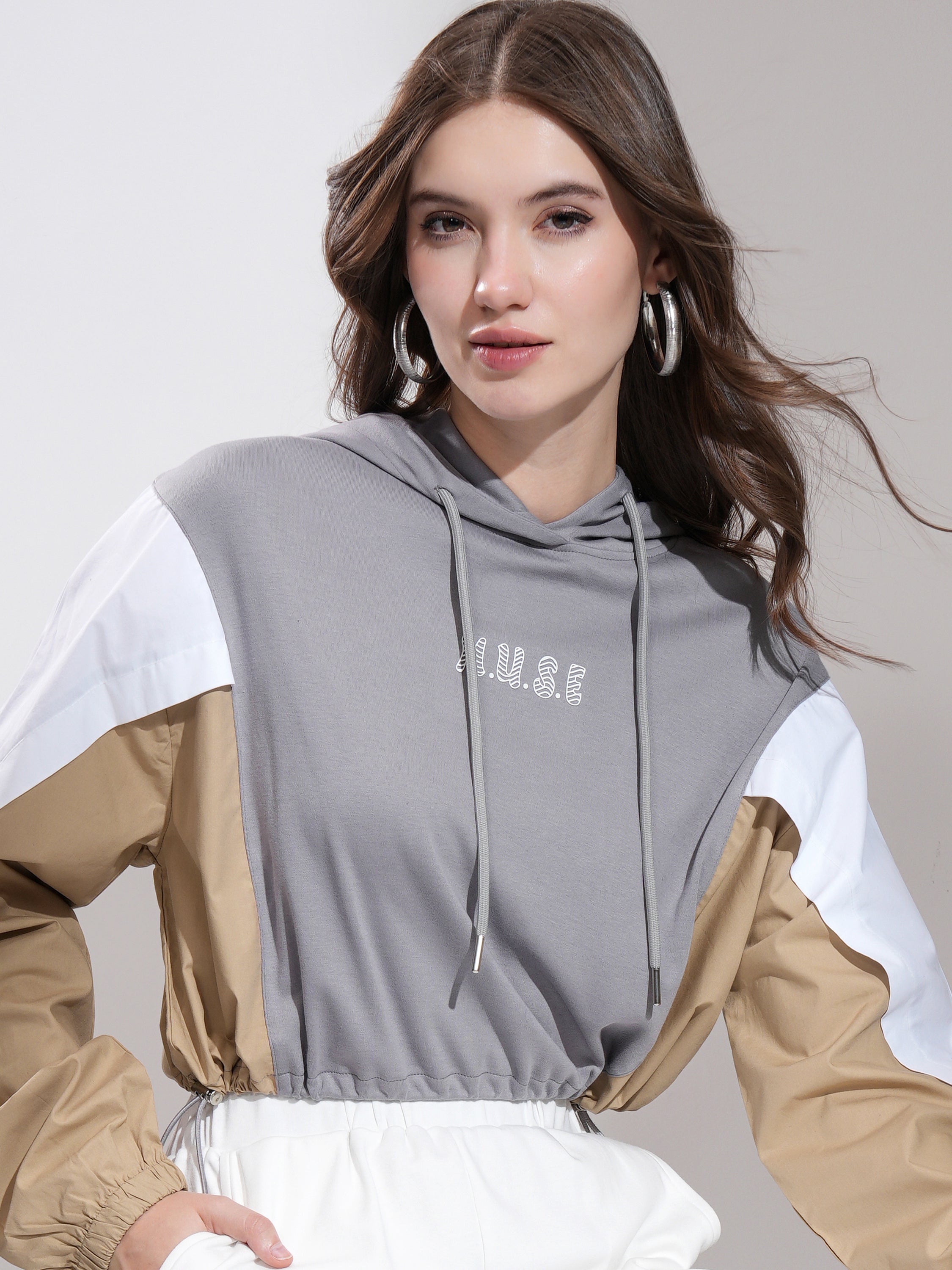 Tokyo Talkies Women Grey Printed Pullover Hood Sweatshirt - Grey - Image 1