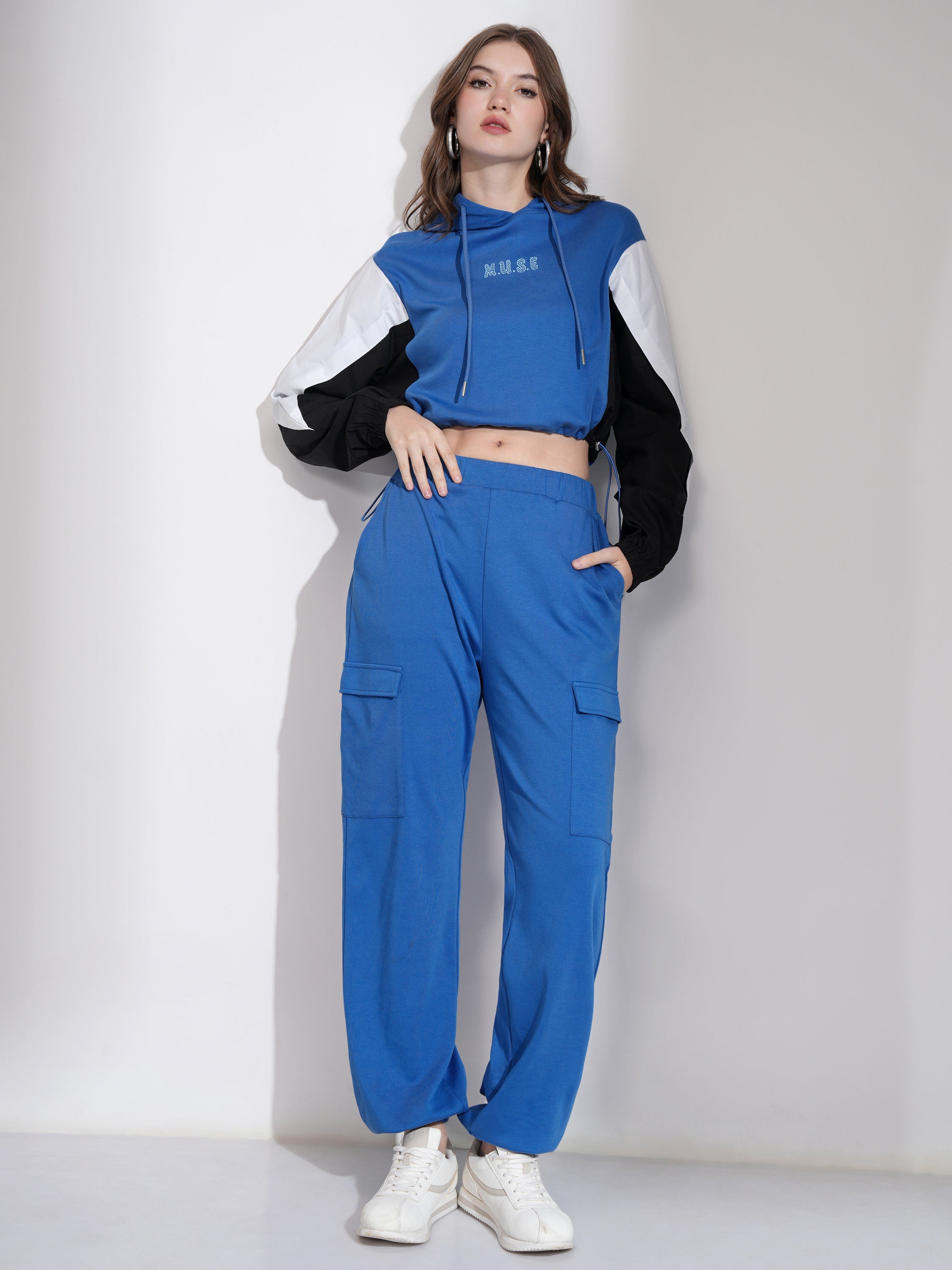 Tokyo Talkies Women Blue Printed Pullover Hood Sweatshirt - Blue - Image 2