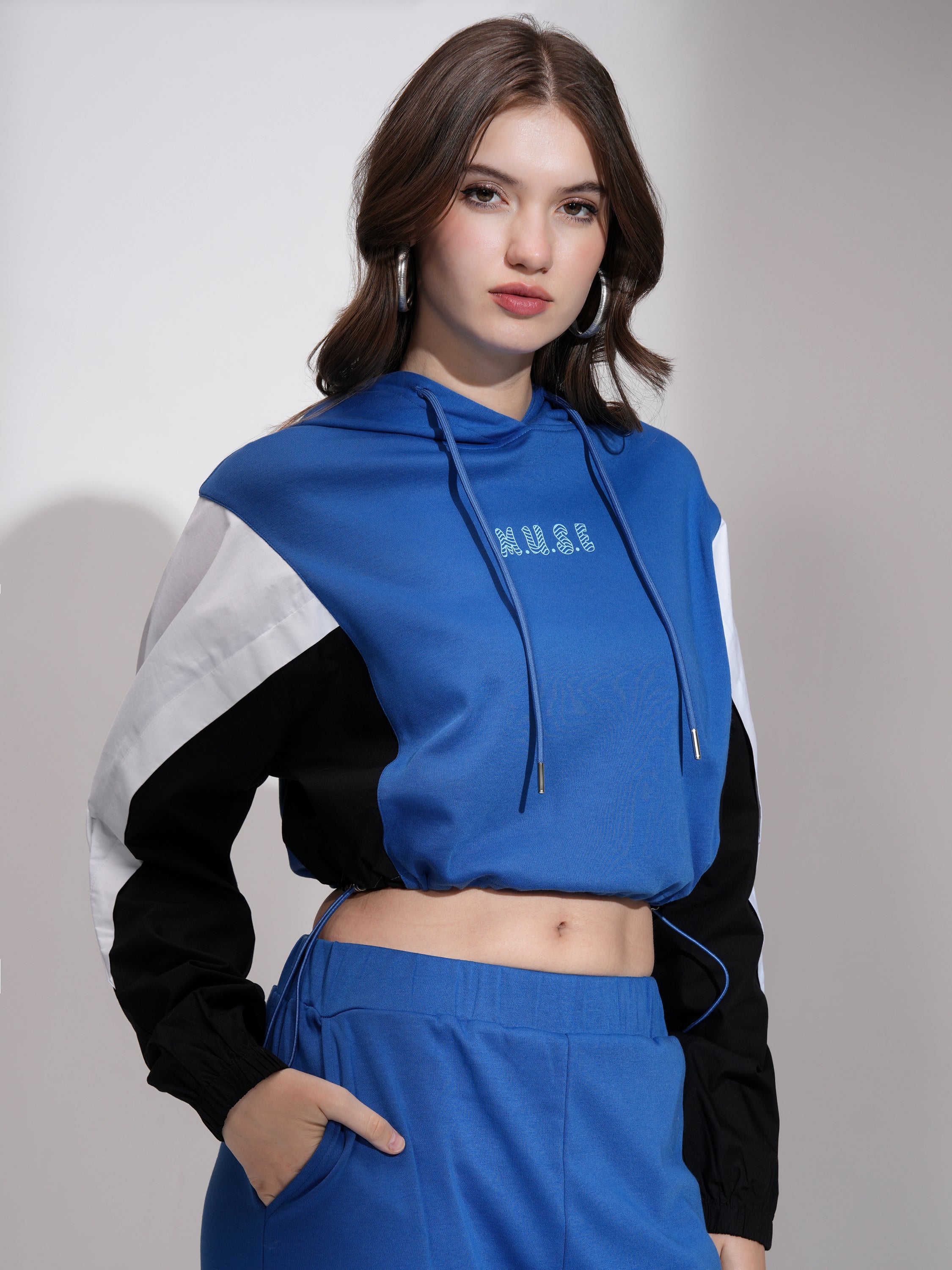 Tokyo Talkies Women Blue Printed Pullover Hood Sweatshirt - Blue - Image 6