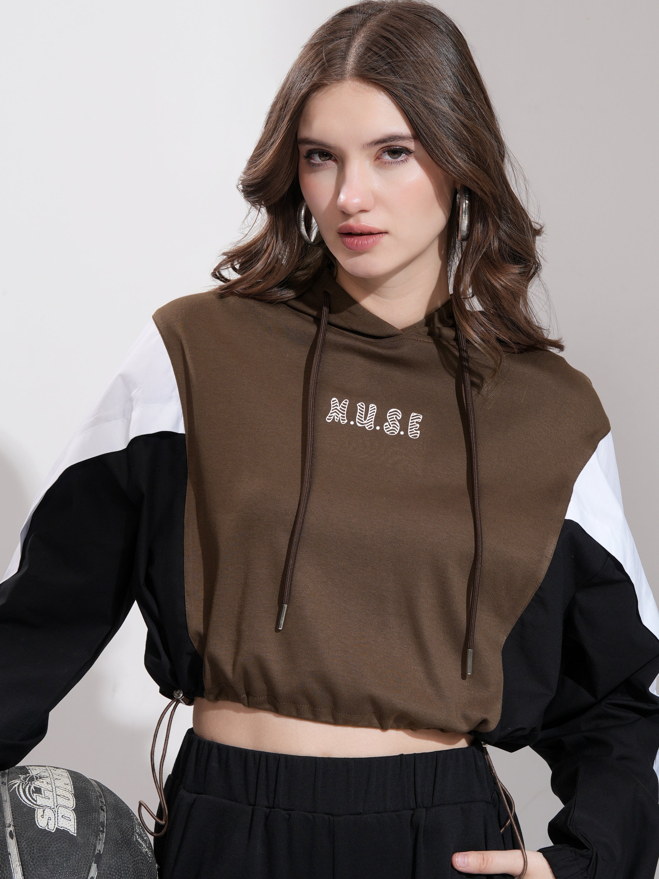 Tokyo Talkies Women Brown Printed Pullover Hood Sweatshirt - Brown - Image 1