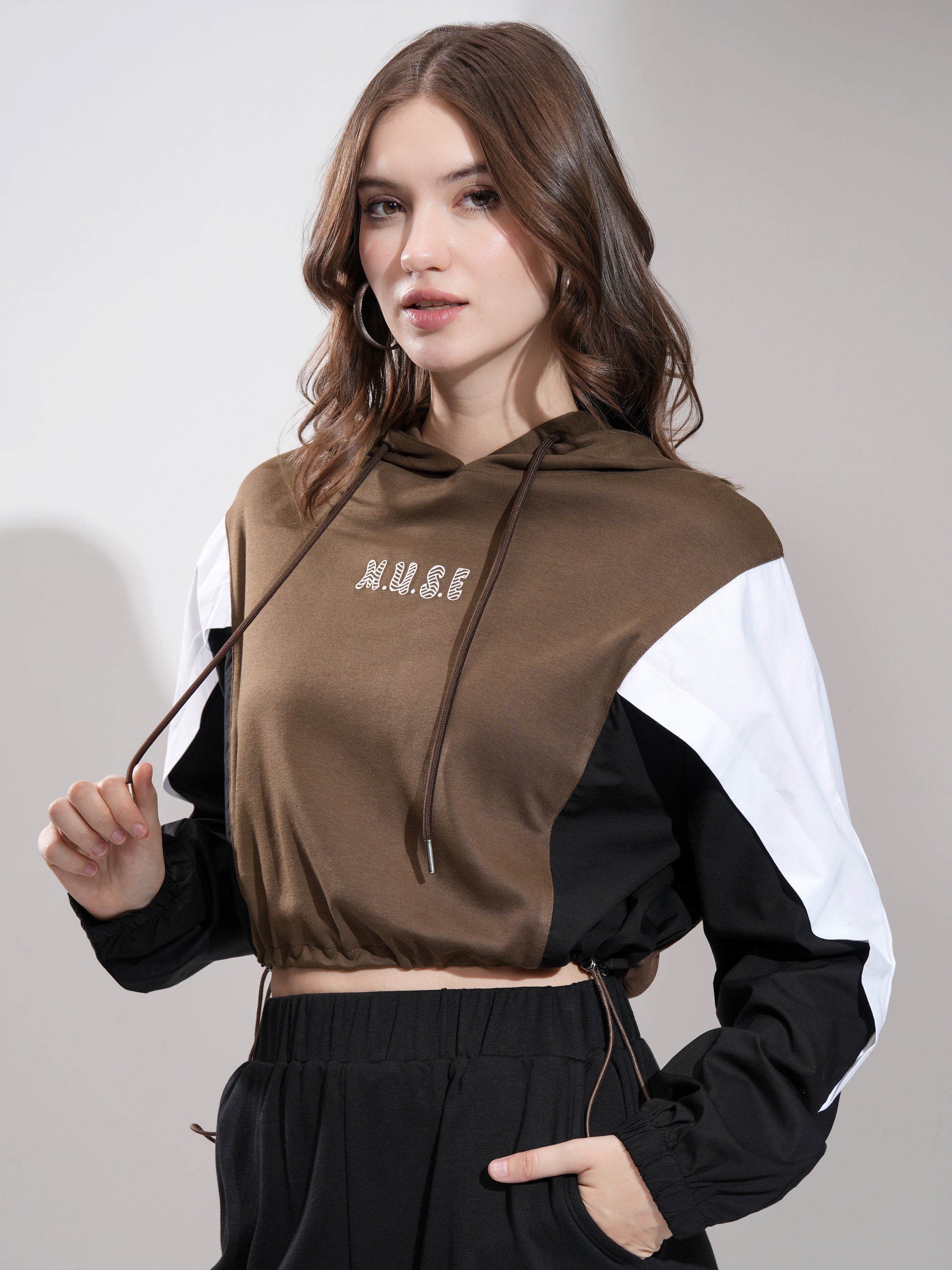 Tokyo Talkies Women Brown Printed Pullover Hood Sweatshirt - Brown - Image 4