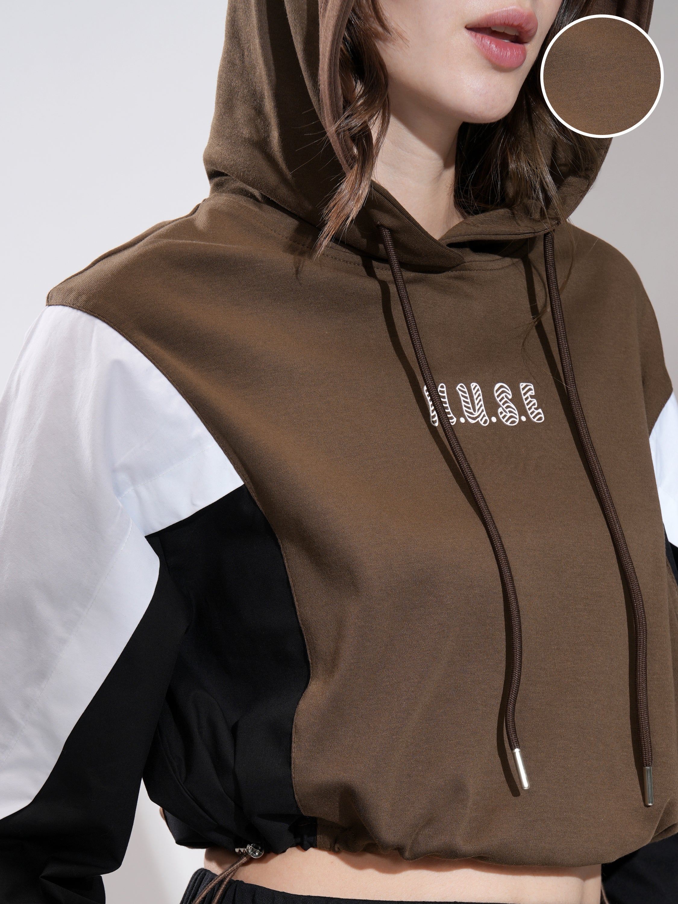 Tokyo Talkies Women Brown Printed Pullover Hood Sweatshirt - Brown - Image 5