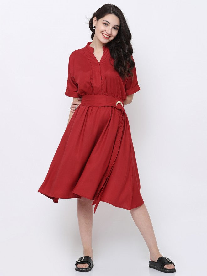 Women Olive Solid Fit & Flare Dress - Olive - Image 1