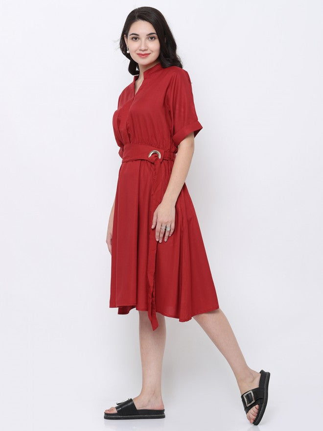 Women Olive Solid Fit & Flare Dress - Olive - Image 2