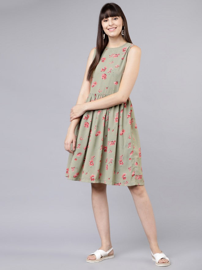 Women Olive Printed Fit & Flare Dress - Olive - Image 1