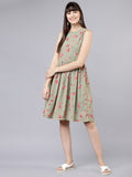 Women Olive Printed Fit & Flare Dress - Olive - Image 1