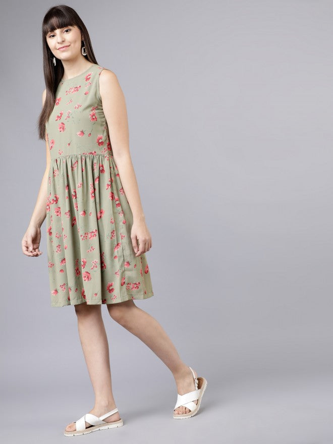Women Olive Printed Fit & Flare Dress - Olive - Image 2
